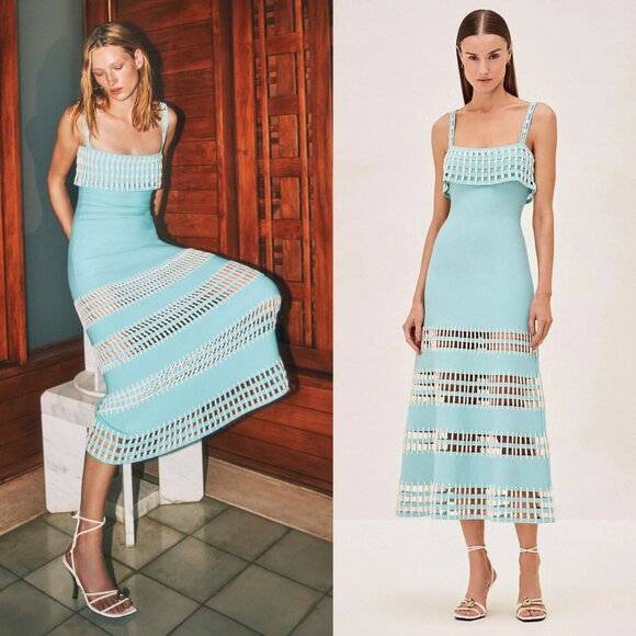 Alexis‎ Priscilla Blue White Embroidered Crochet Knit Square Neck Midi Dress XS - Picture 1 of 15